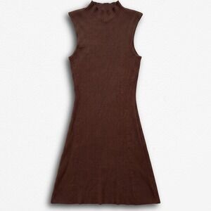 Aster Womens Brown Ribbed Mock Neck Sleeveless Fit and Flare Mini Dress Small